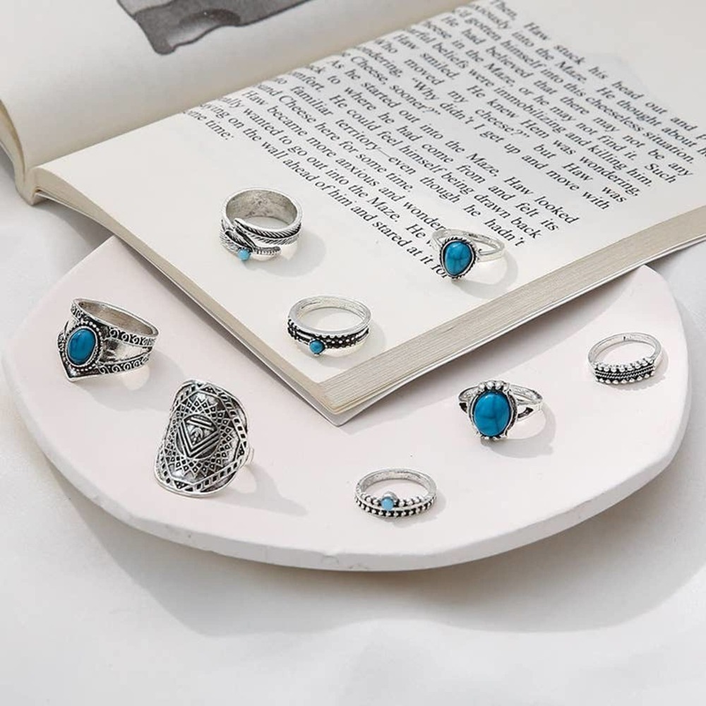 Vintage Style Water Droplets Alloy Stuffed Turquoise Women Rings Set of 8 Pieces - Picture 5 of 7